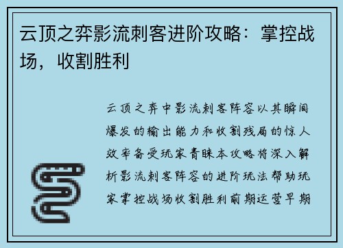 云顶之弈影流刺客进阶攻略：掌控战场，收割胜利